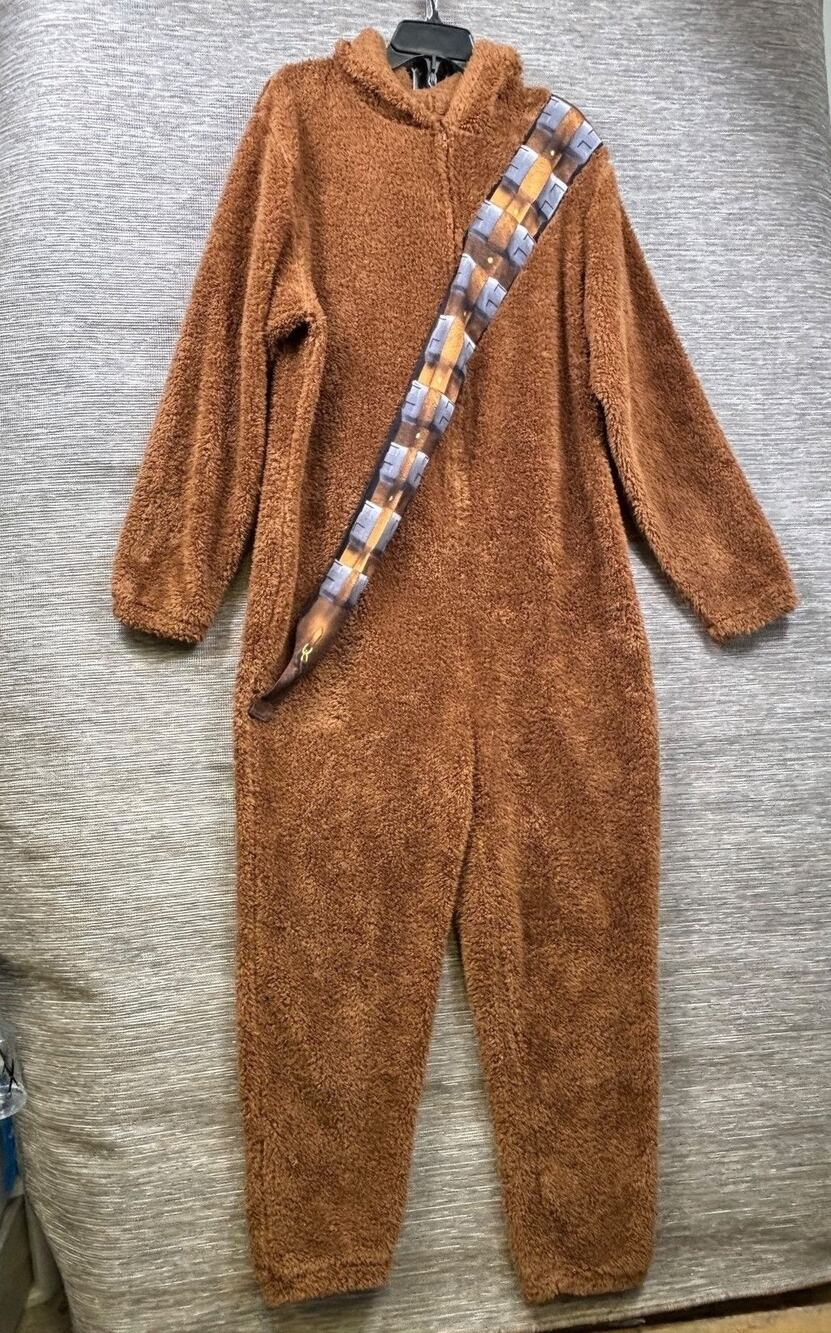 Star Wars Chewbacca Fleece One Piece Pajama Suit Mens L Brown Hooded Zip Strap